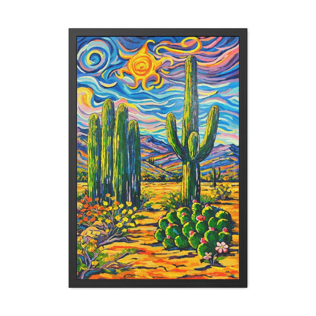 Saguaro Cacti Scene Framed Poster — Colorful Cactus Landscape Wall Art