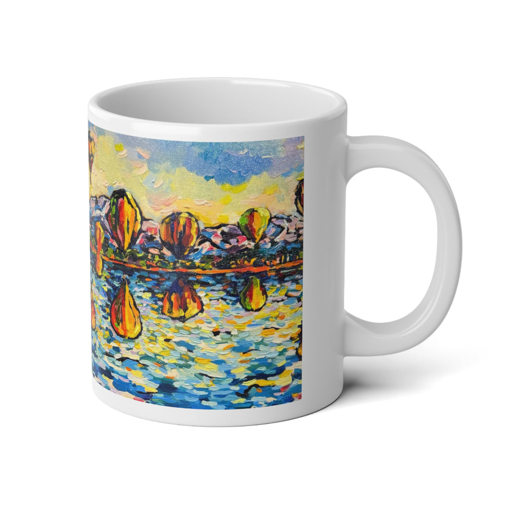 Balloon Festival Mug — 20oz Hot Air Balloon Lake Scene, Impressionist Travel Coffee Cup