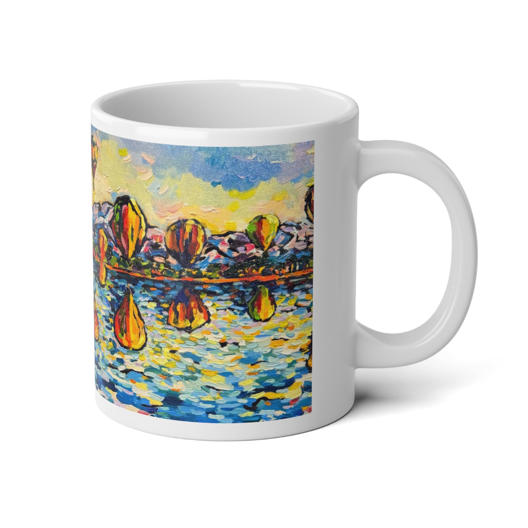 Balloon Festival Mug — 20oz Hot Air Balloon Lake Scene, Impressionist Travel Coffee Cup