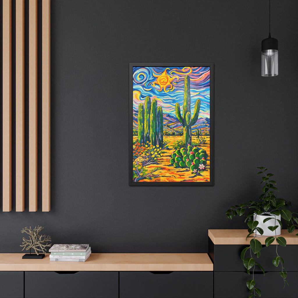 Saguaro Cacti Scene Framed Poster — Colorful Cactus Landscape Wall Art