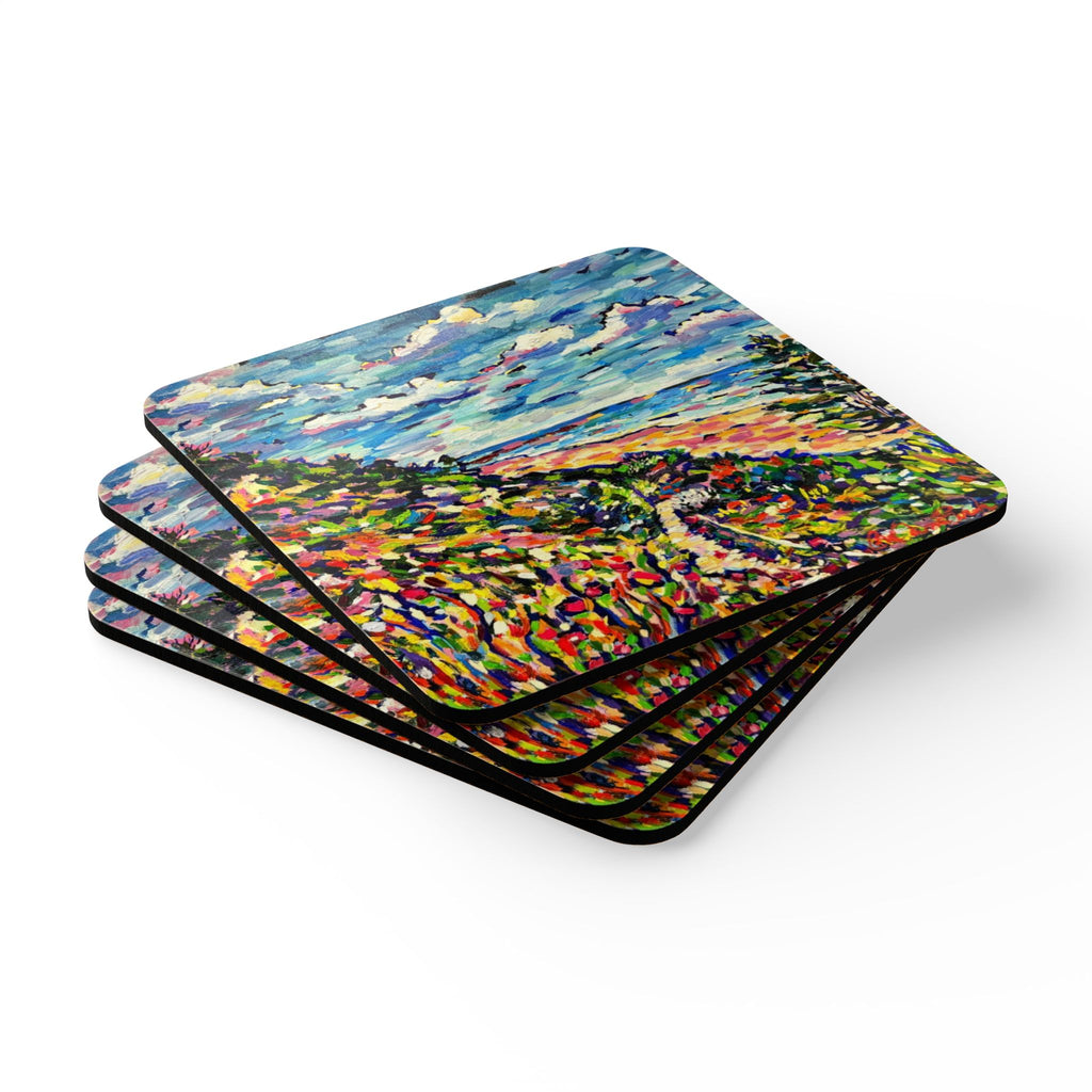 Seaside Path Cork Coaster Set — Vibrant Beach Landscape Drink Coasters (4-Pack)
