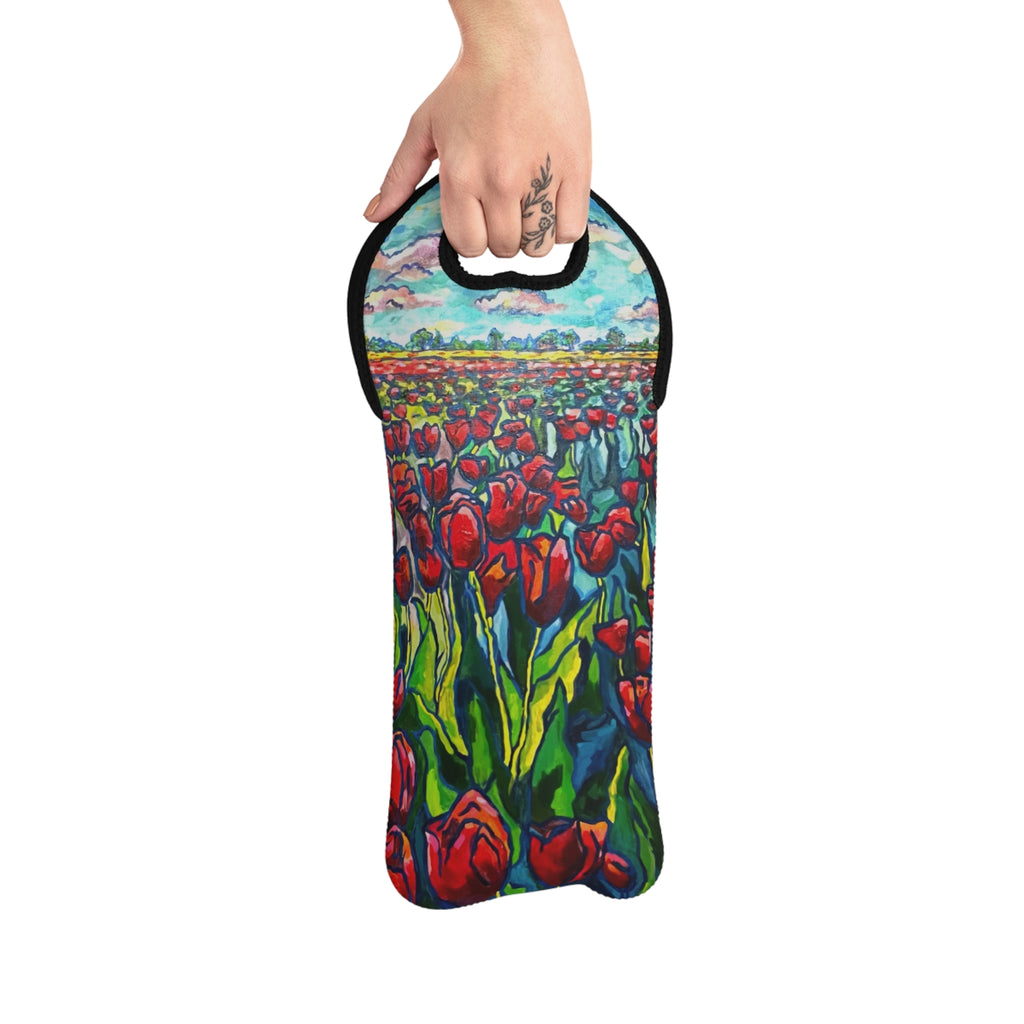 Endless Tulips Wine Tote Bag — Colorful Red Tulip Neoprene Wine Carrier, Floral Gift for Spring & Mothers Day