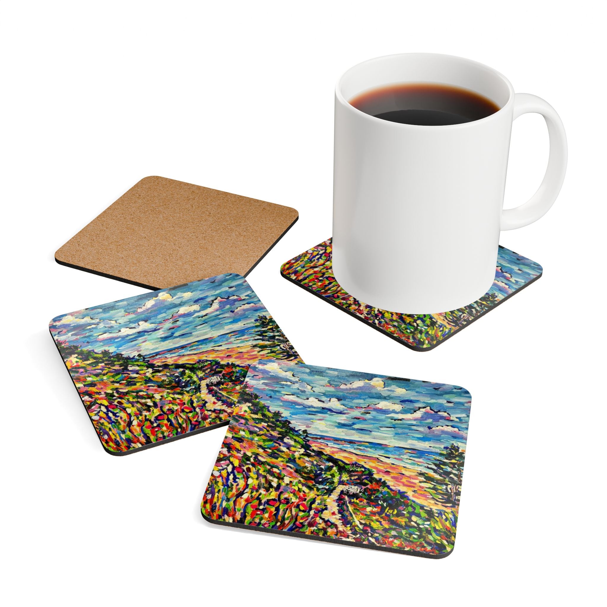 Seaside Path Cork Coaster Set — Vibrant Beach Landscape Drink Coasters (4-Pack)