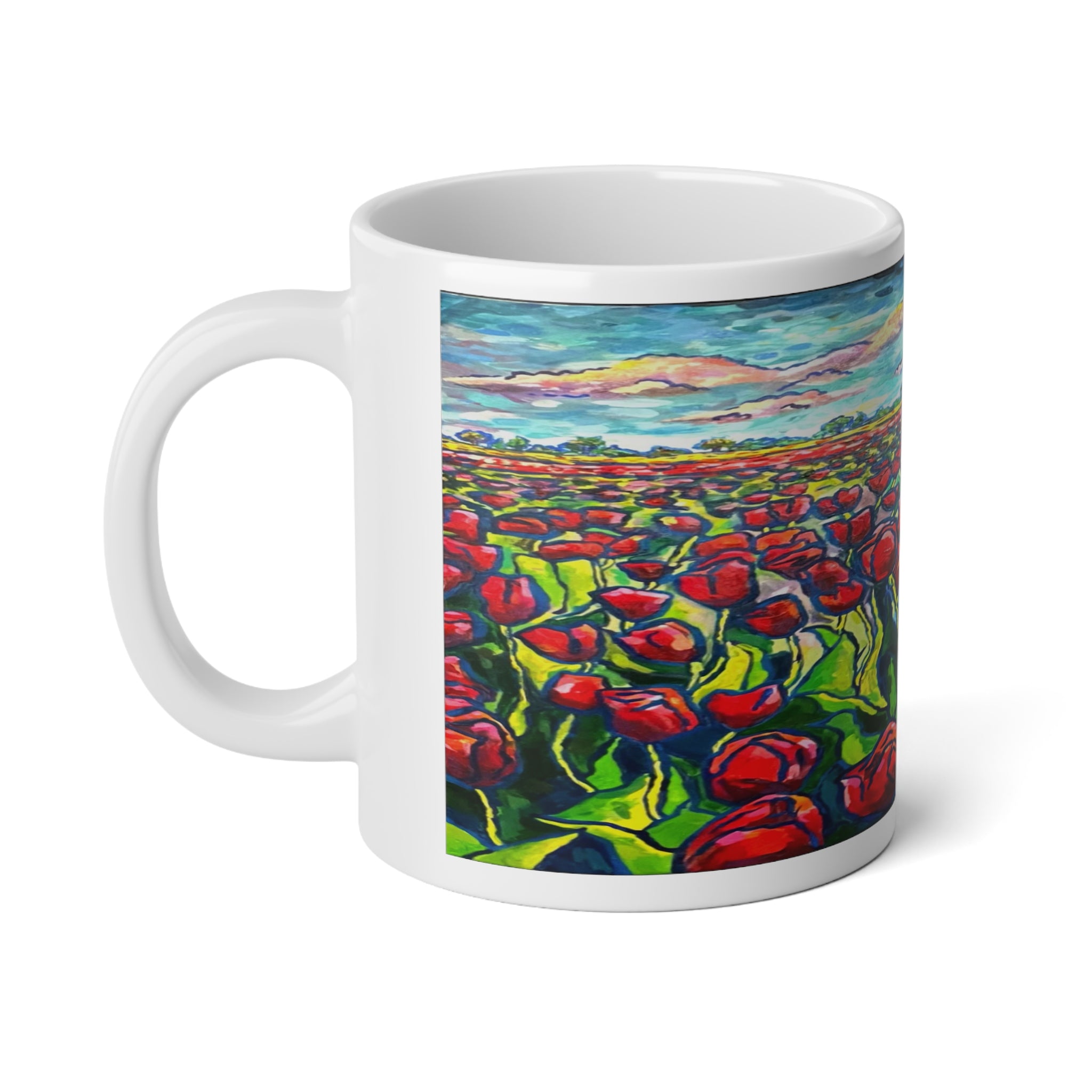 Endless Tulips Mug — 20oz Vibrant Red Tulip Field Coffee Cup