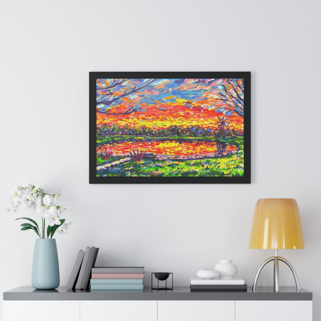 Reflections at Dusk Framed Poster — Vibrant Impressionist Sunset Lake Wall Art
