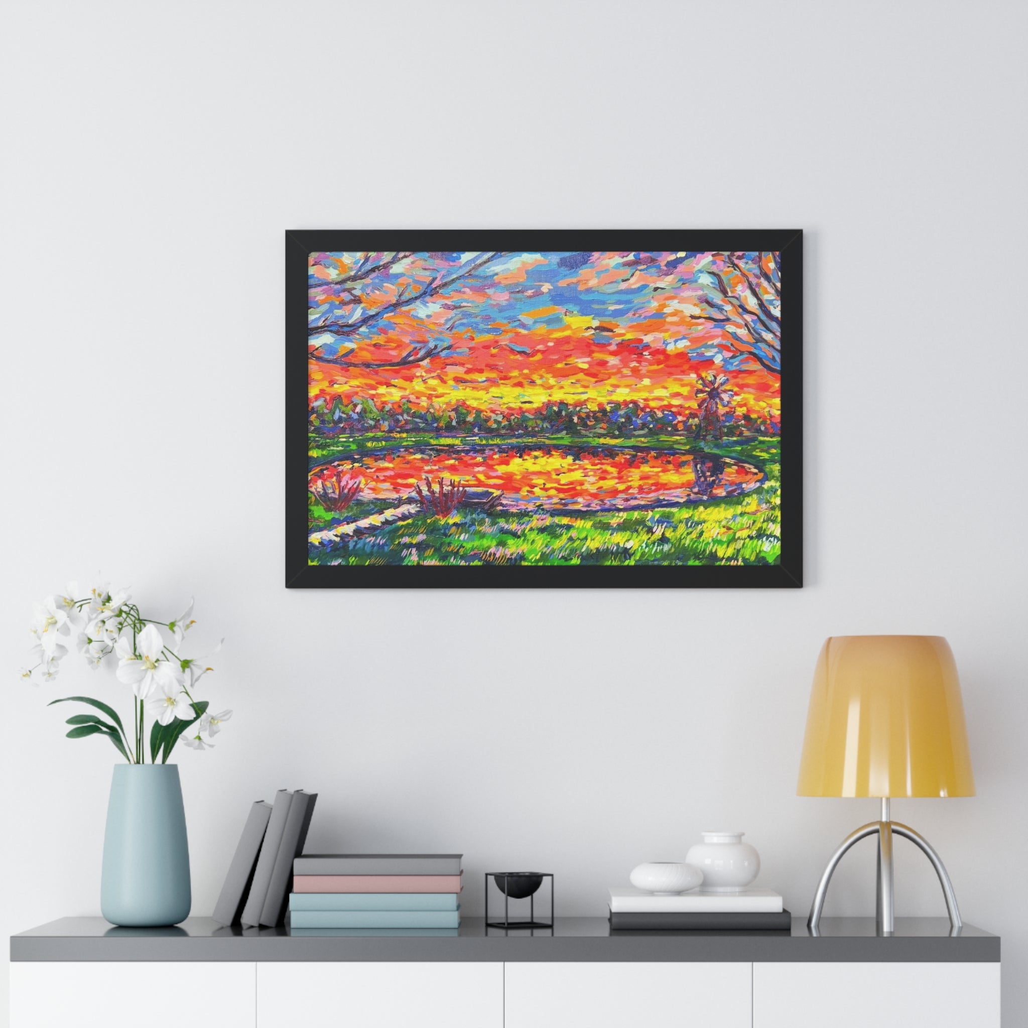 Reflections at Dusk Framed Poster — Vibrant Impressionist Sunset Lake Wall Art