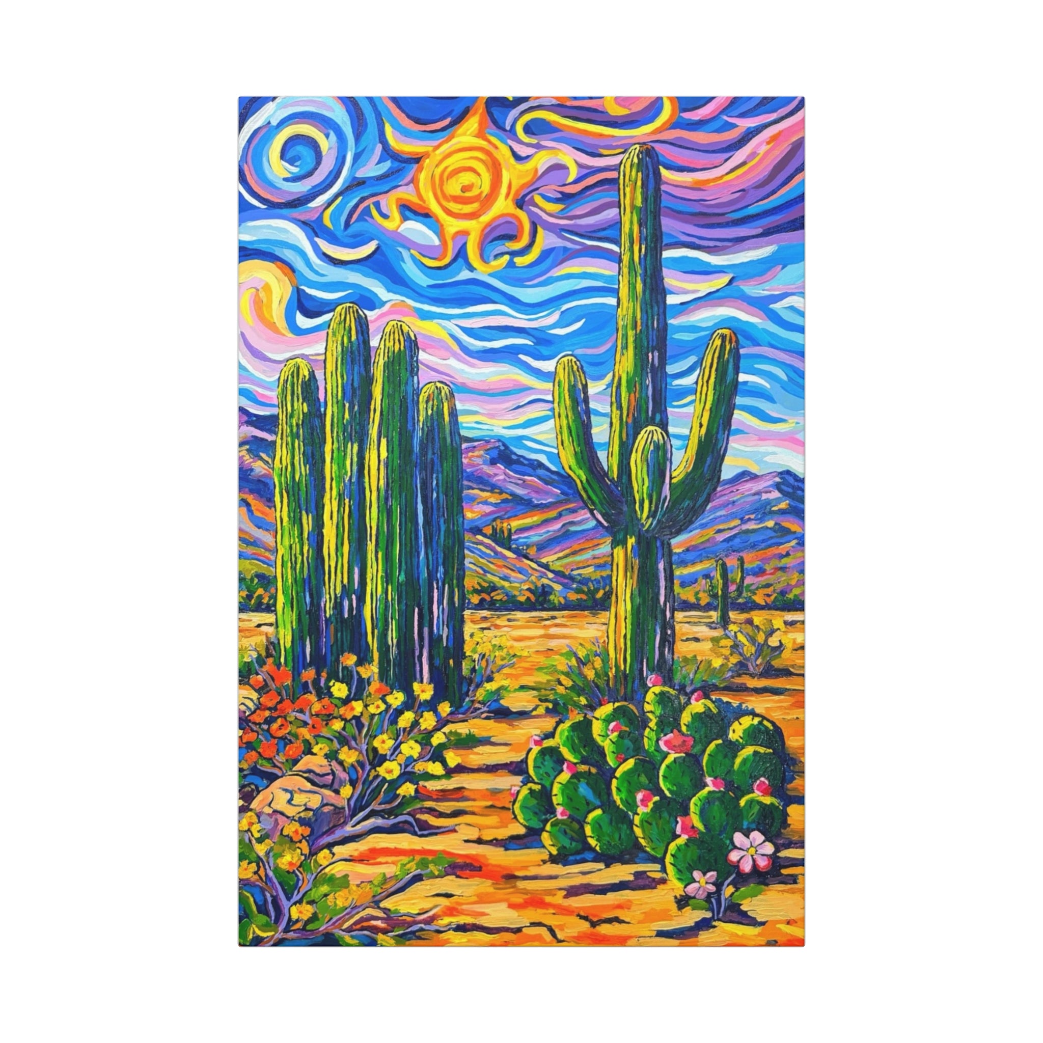 Saguaro Cacti Scene Canvas Art Wrap — Vibrant Cactus Wall Art