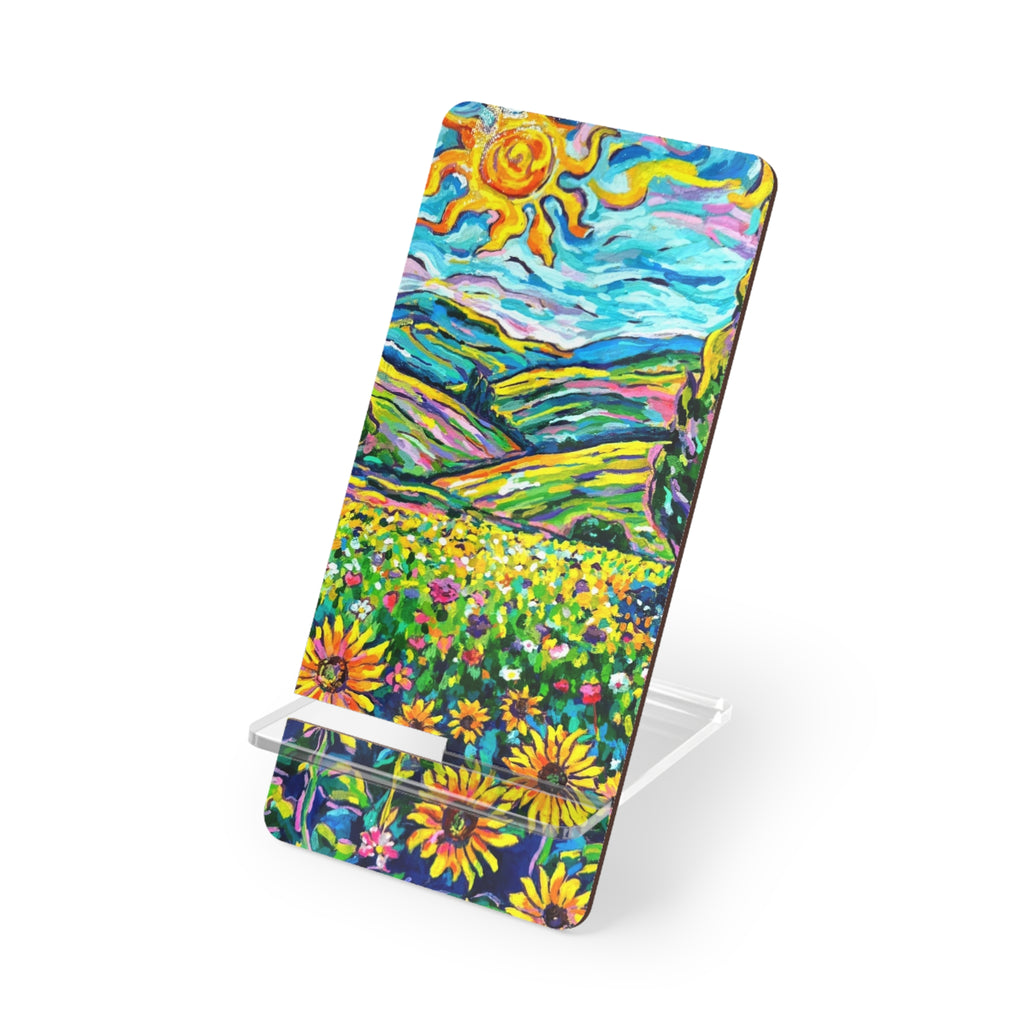 Whimsy Field Phone Stand — Bright Sunflower Field Acrylic Mobile Display Stand