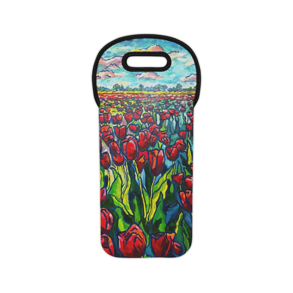 Endless Tulips Wine Tote Bag — Colorful Red Tulip Neoprene Wine Carrier, Floral Gift for Spring & Mothers Day