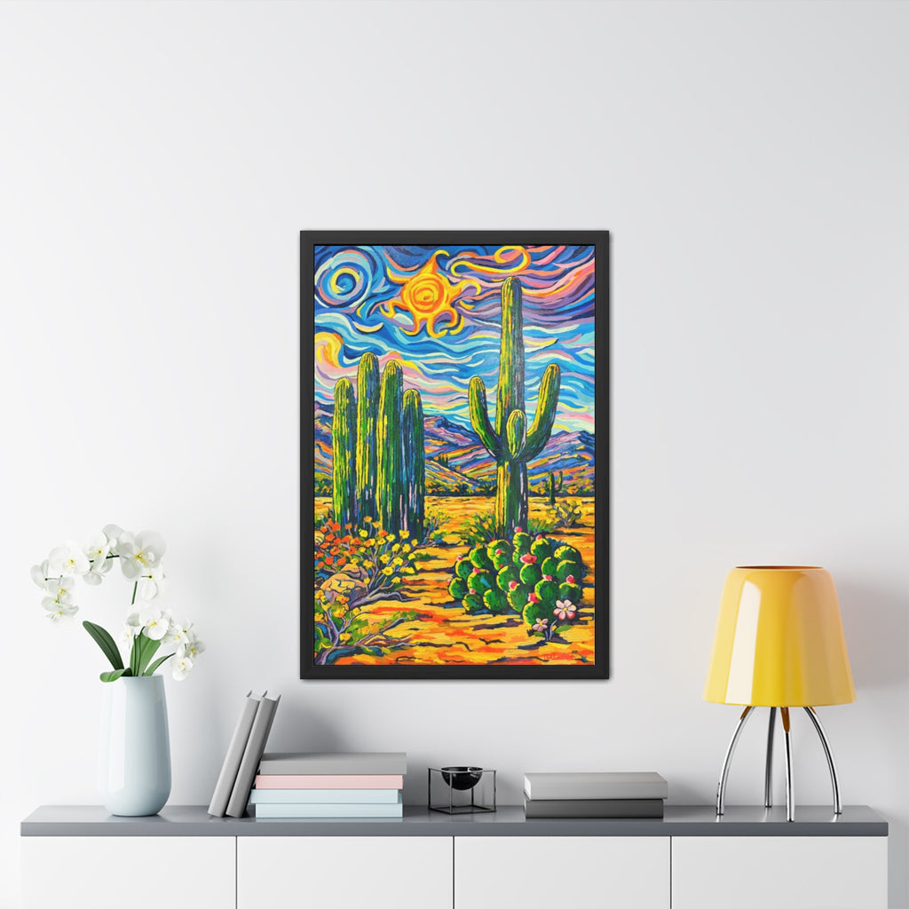 Saguaro Cacti Scene Framed Poster — Colorful Cactus Landscape Wall Art