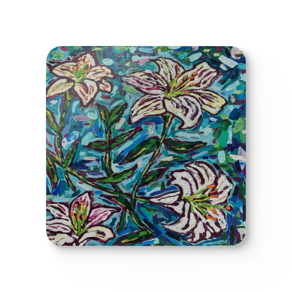 Lily Flower Cork Coaster Set — Hand-Painted Botanical Drink Coasters (4-Pack)