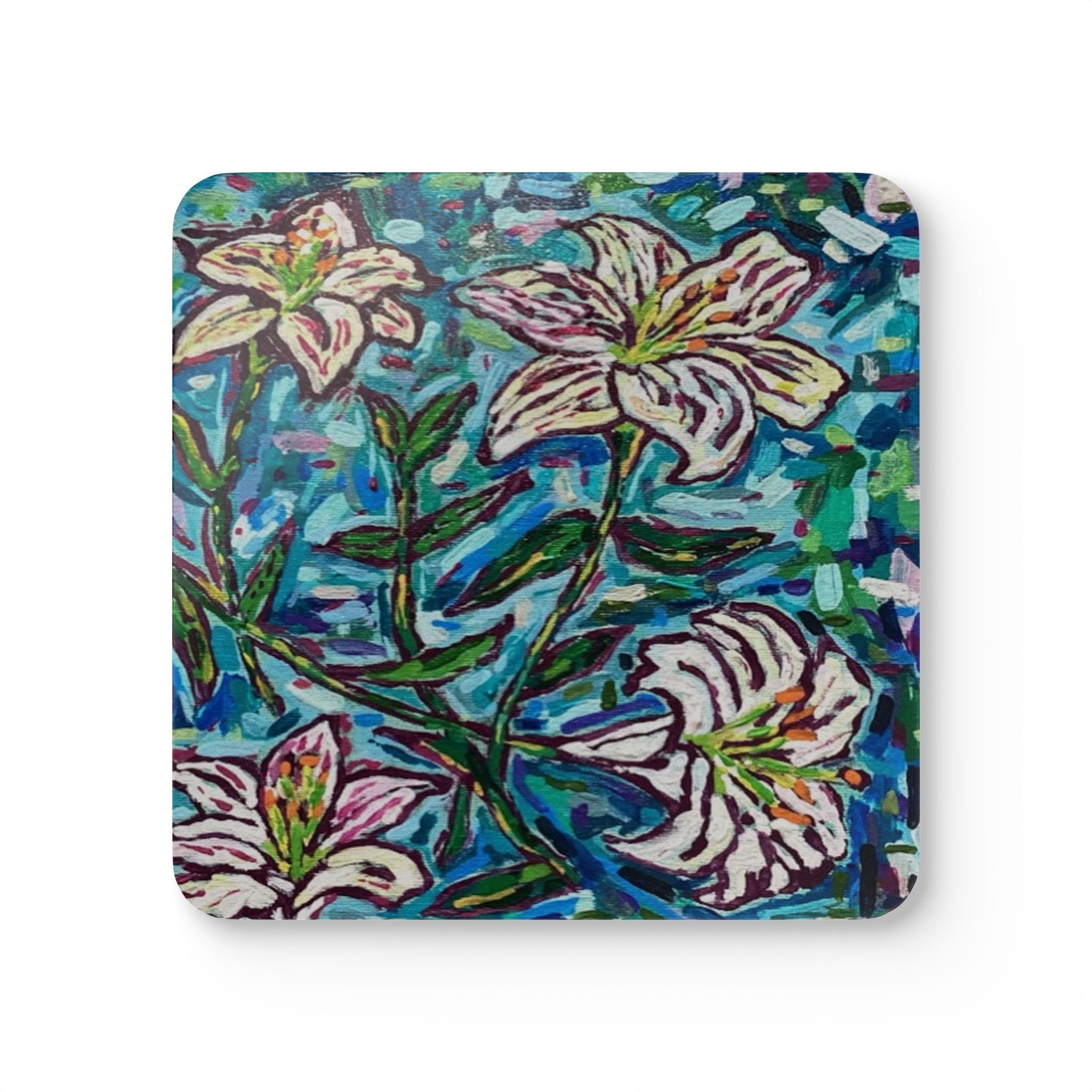 Lily Flower Cork Coaster Set — Hand-Painted Botanical Drink Coasters (4-Pack)