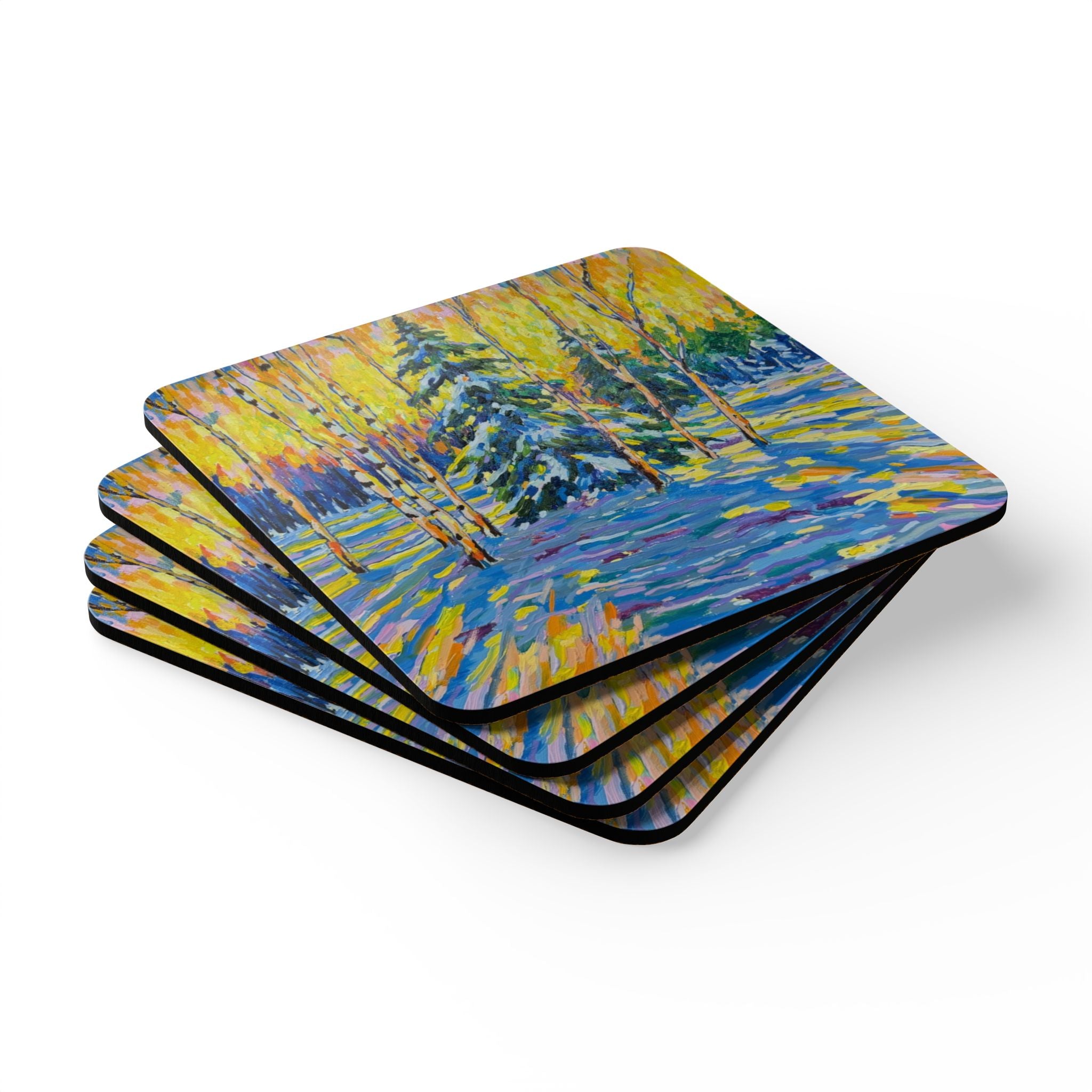 Winter's Light Cork Coaster Set — Colorful Landscape Drink Coasters