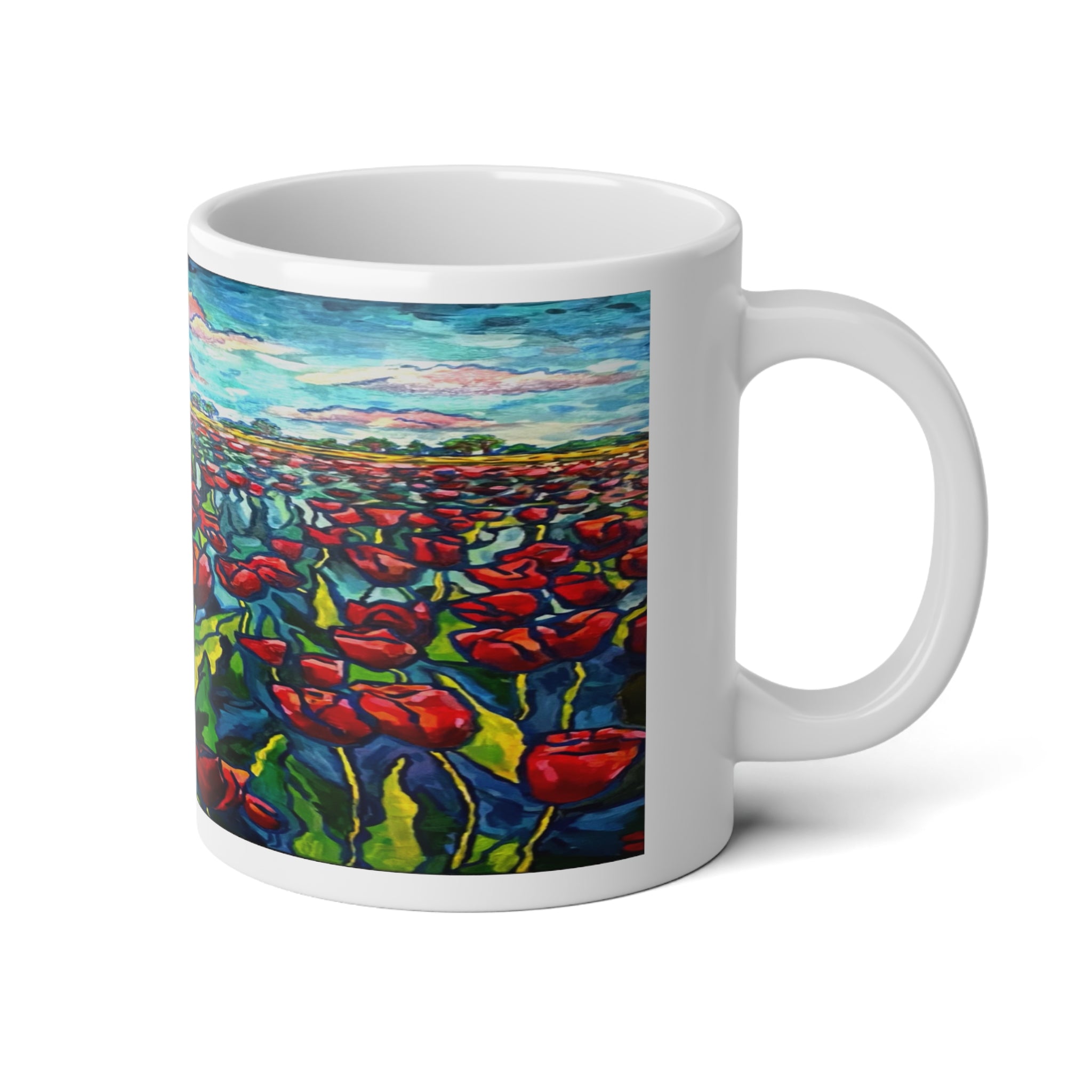 Endless Tulips Mug — 20oz Vibrant Red Tulip Field Coffee Cup