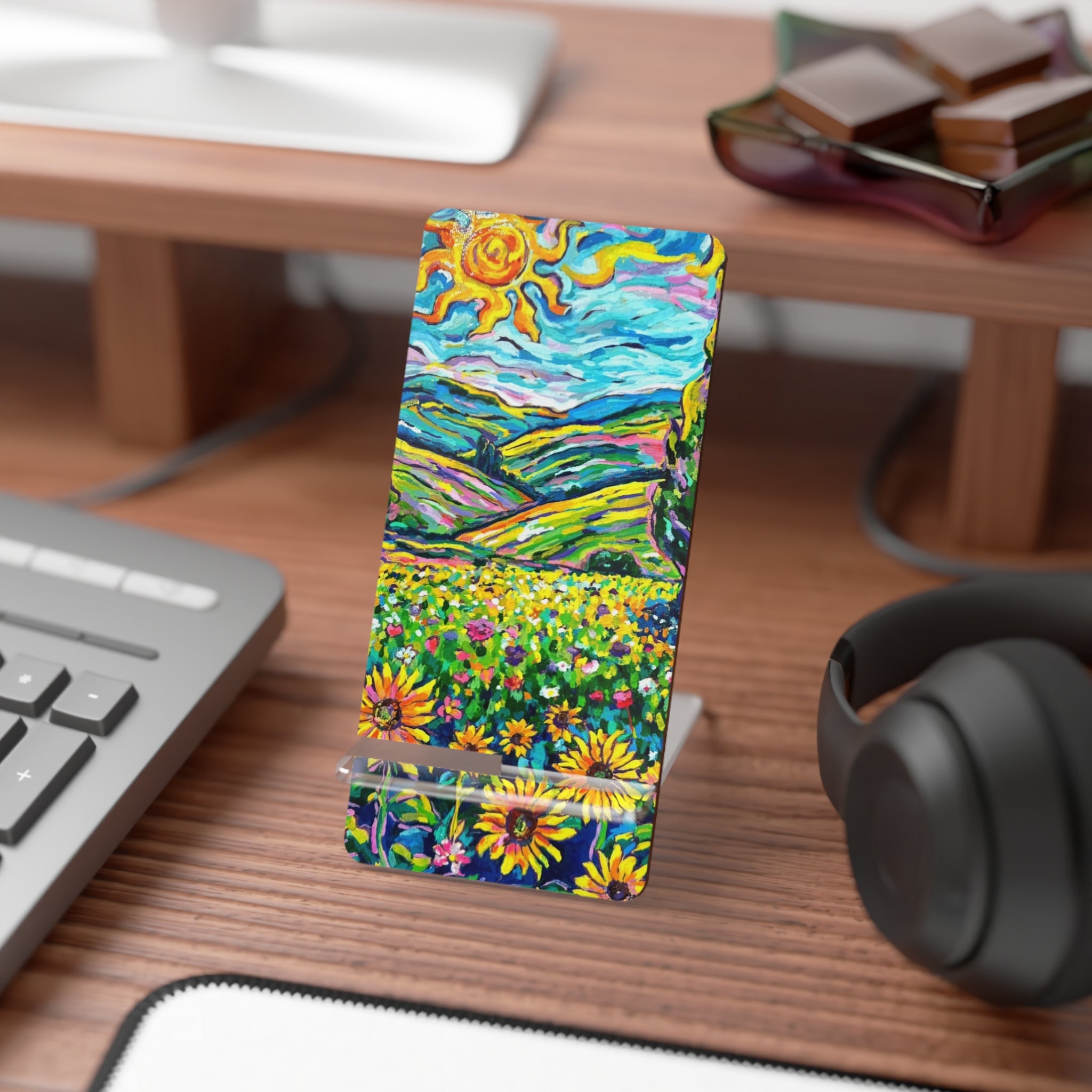 Whimsy Field Phone Stand — Bright Sunflower Field Acrylic Mobile Display Stand