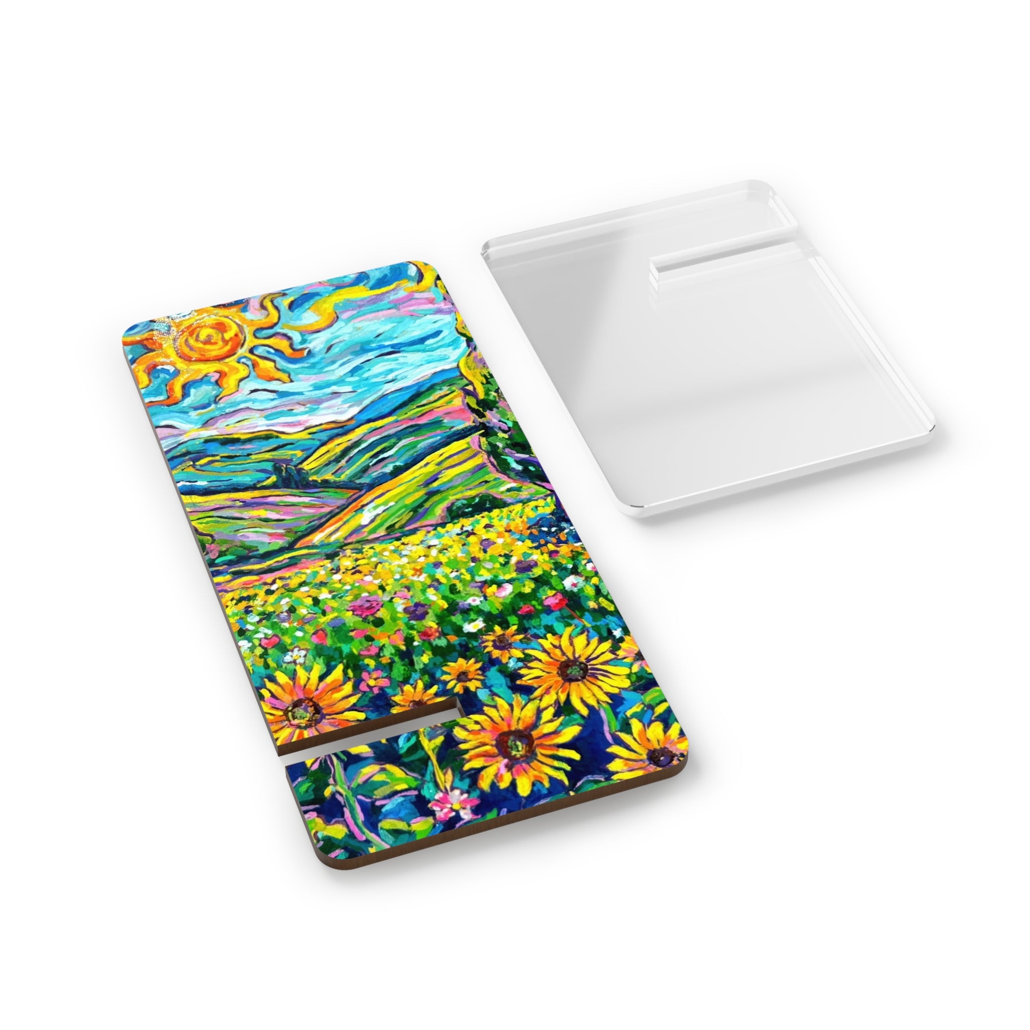 Whimsy Field Phone Stand — Bright Sunflower Field Acrylic Mobile Display Stand