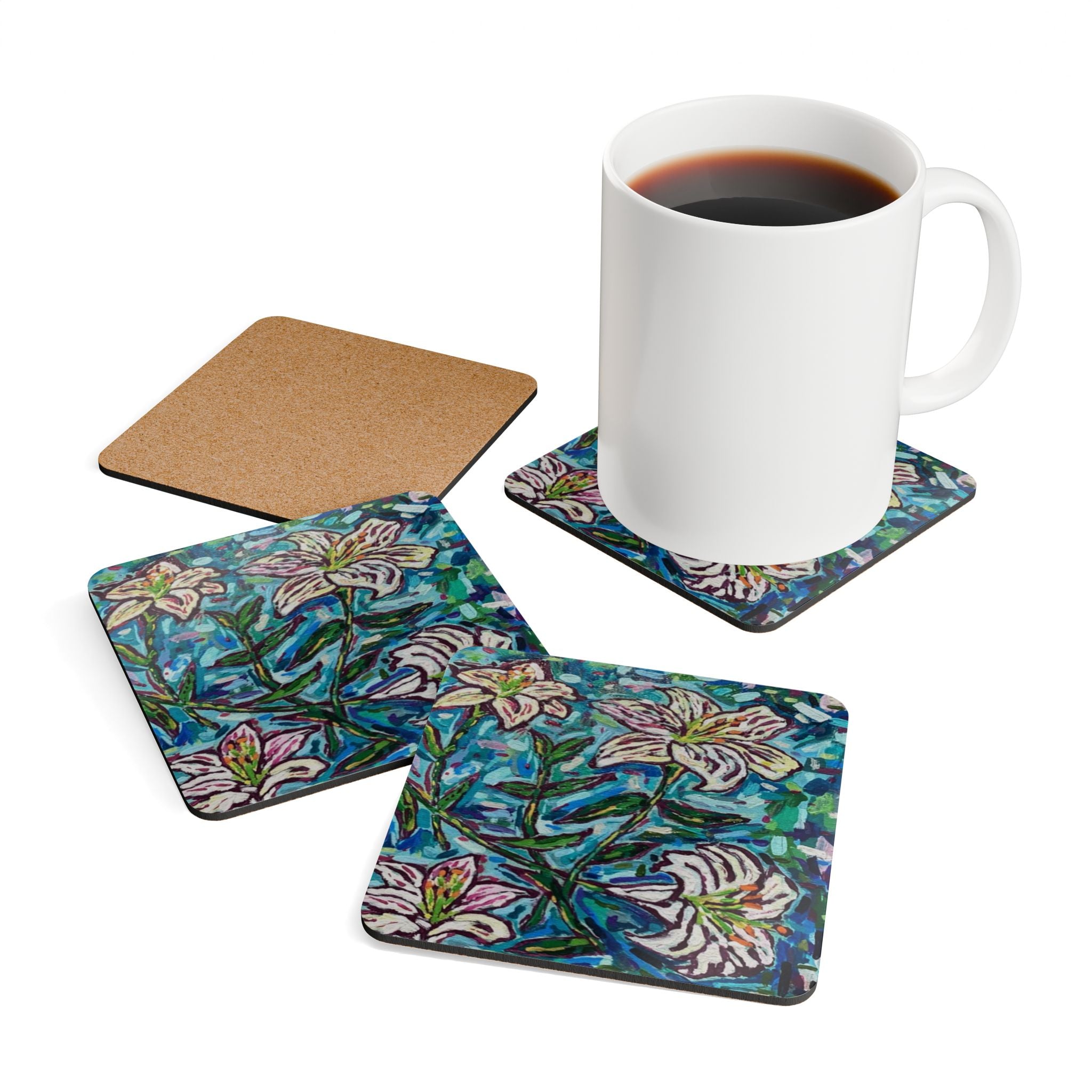Lily Flower Cork Coaster Set — Hand-Painted Botanical Drink Coasters (4-Pack)