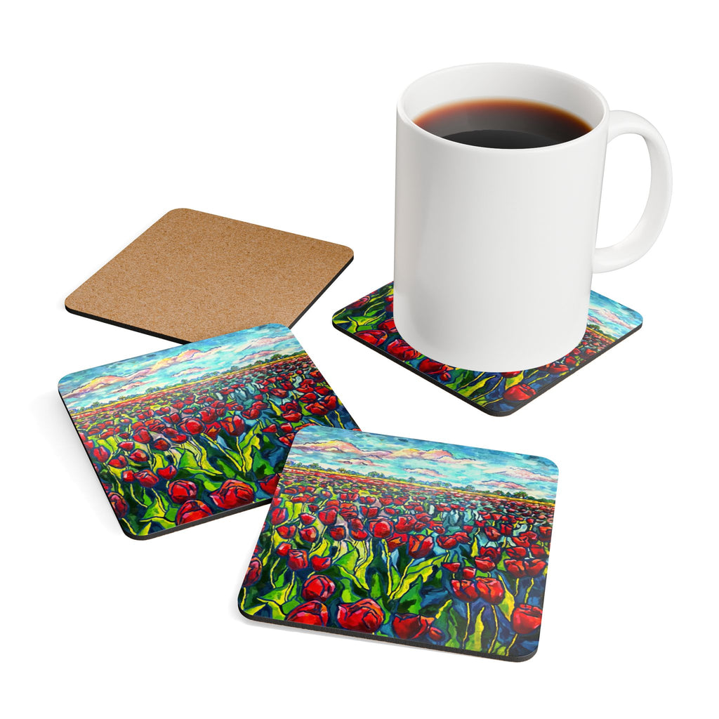 Endless Tulip Cork Coaster Set — Vibrant Floral Drink Coasters