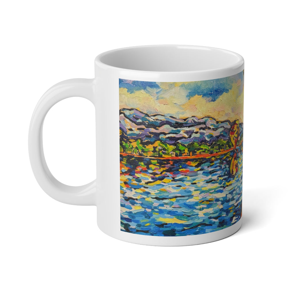 Balloon Festival Mug — 20oz Hot Air Balloon Lake Scene, Impressionist Travel Coffee Cup