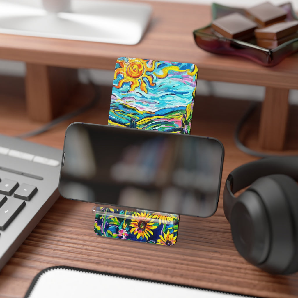 Whimsy Field Phone Stand — Bright Sunflower Field Acrylic Mobile Display Stand