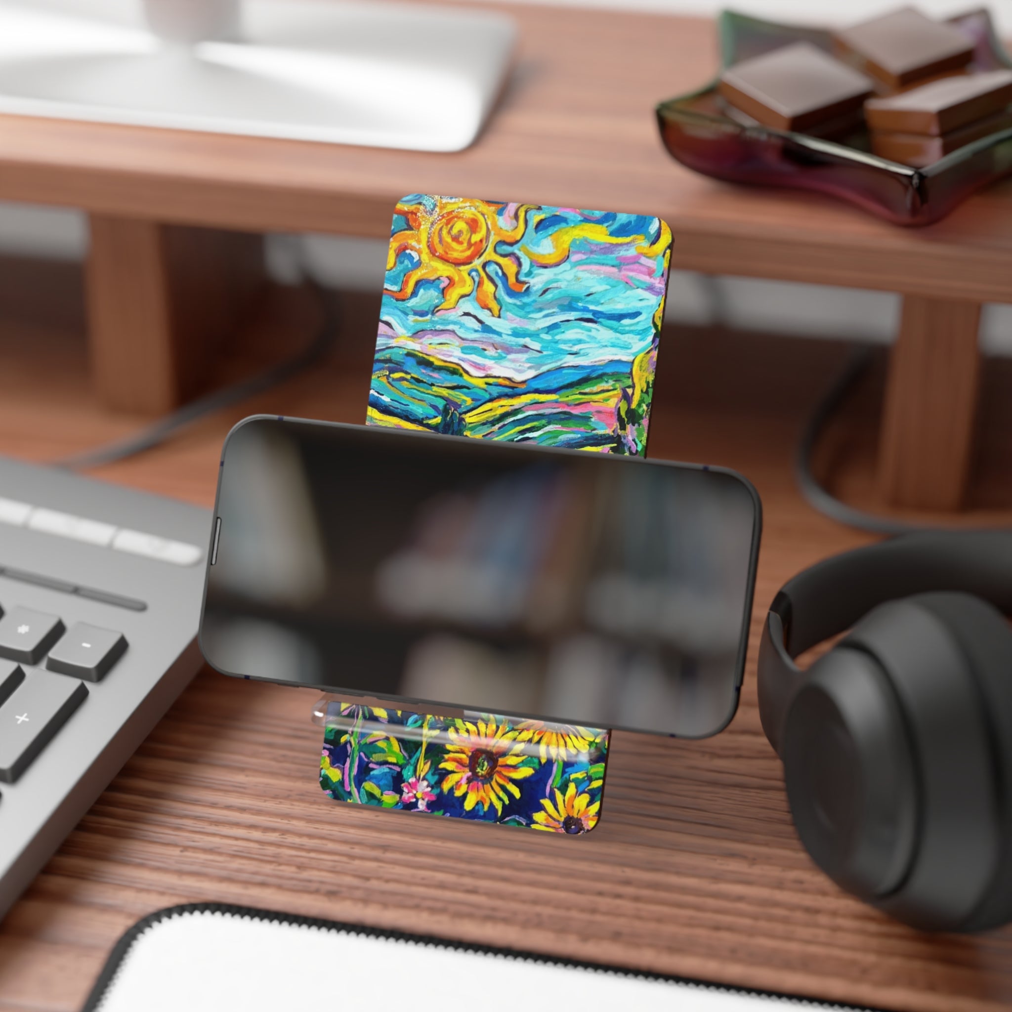Whimsy Field Phone Stand — Bright Sunflower Field Acrylic Mobile Display Stand