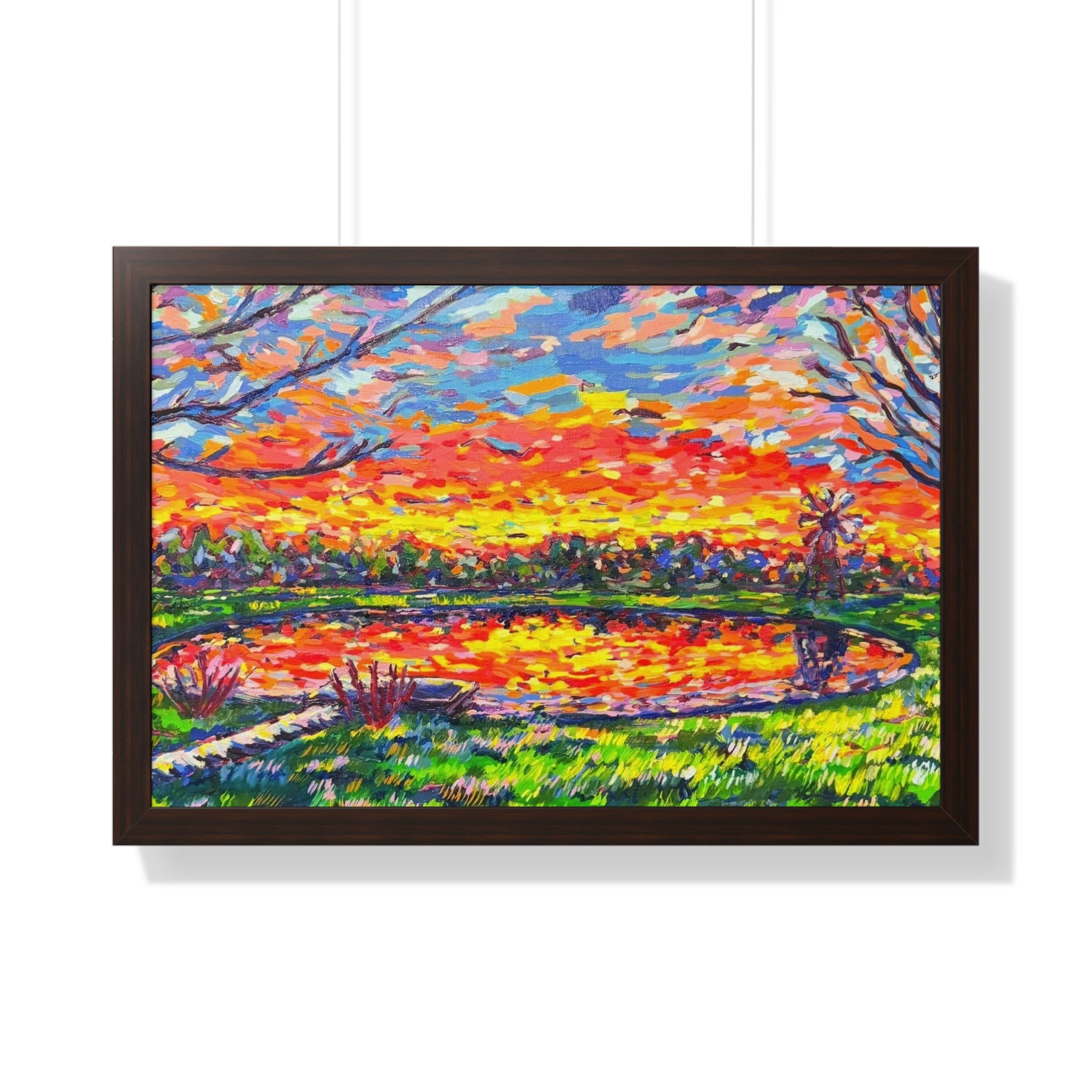 Reflections at Dusk Framed Poster — Vibrant Impressionist Sunset Lake Wall Art