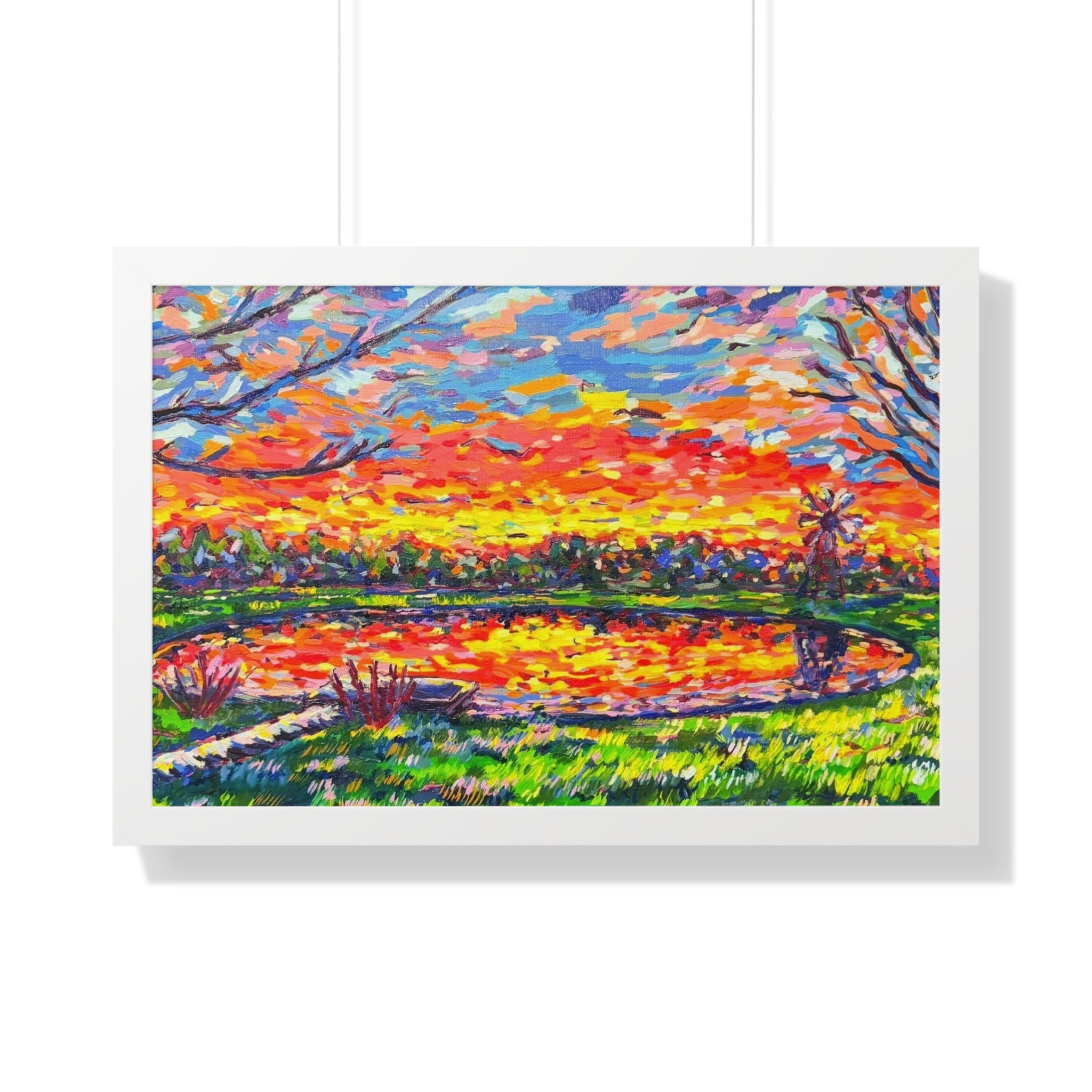 Reflections at Dusk Framed Poster — Vibrant Impressionist Sunset Lake Wall Art