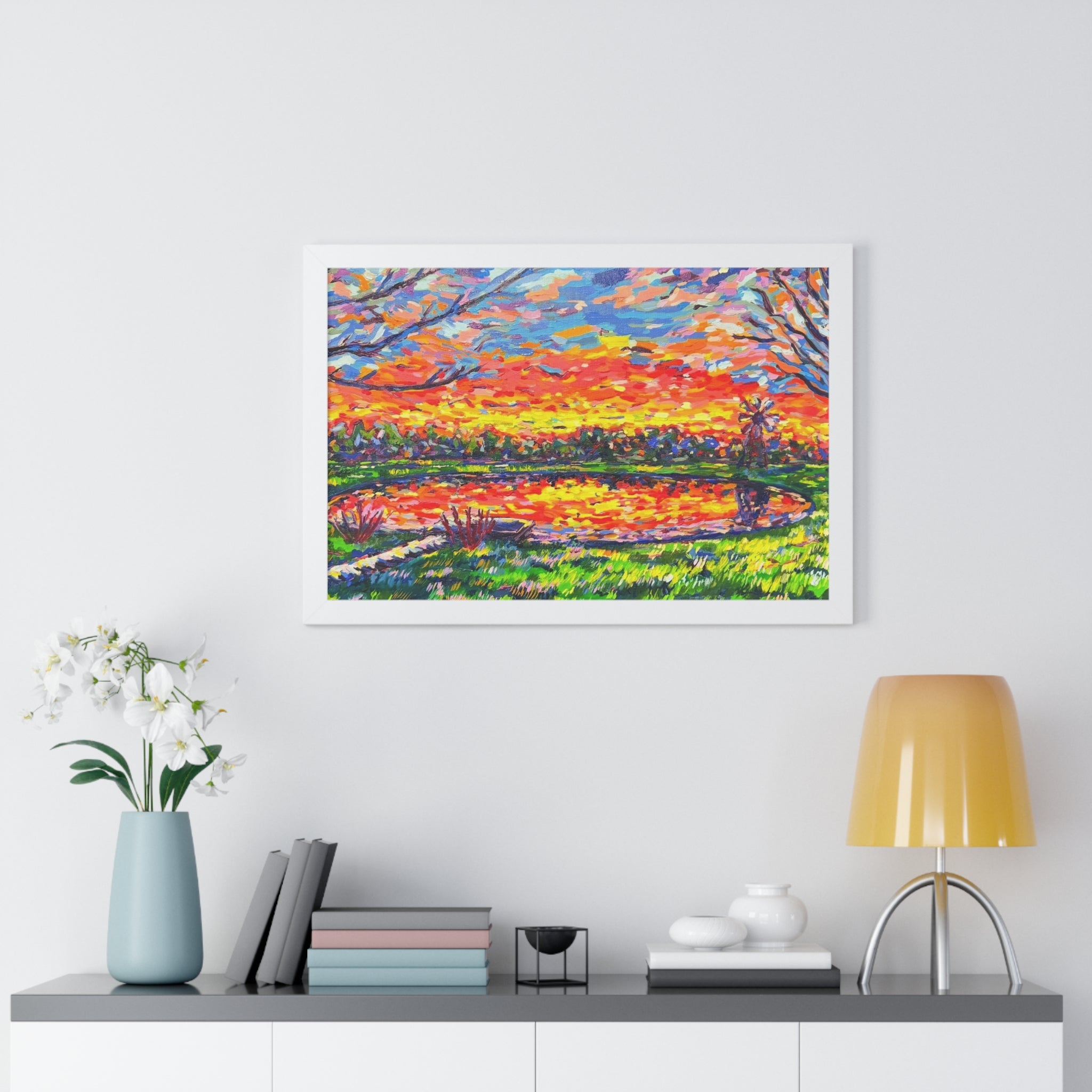 Reflections at Dusk Framed Poster — Vibrant Impressionist Sunset Lake Wall Art