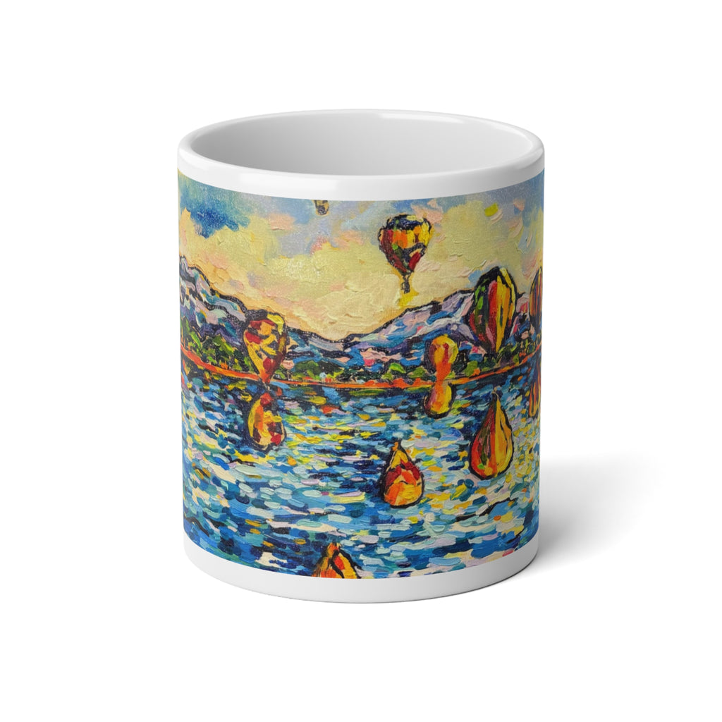 Balloon Festival Mug — 20oz Hot Air Balloon Lake Scene, Impressionist Travel Coffee Cup