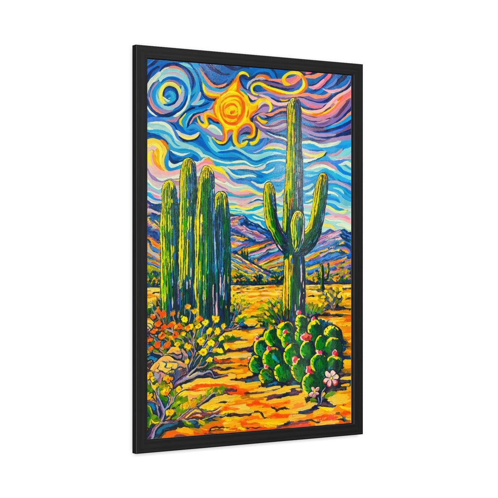 Saguaro Cacti Scene Framed Poster — Colorful Cactus Landscape Wall Art