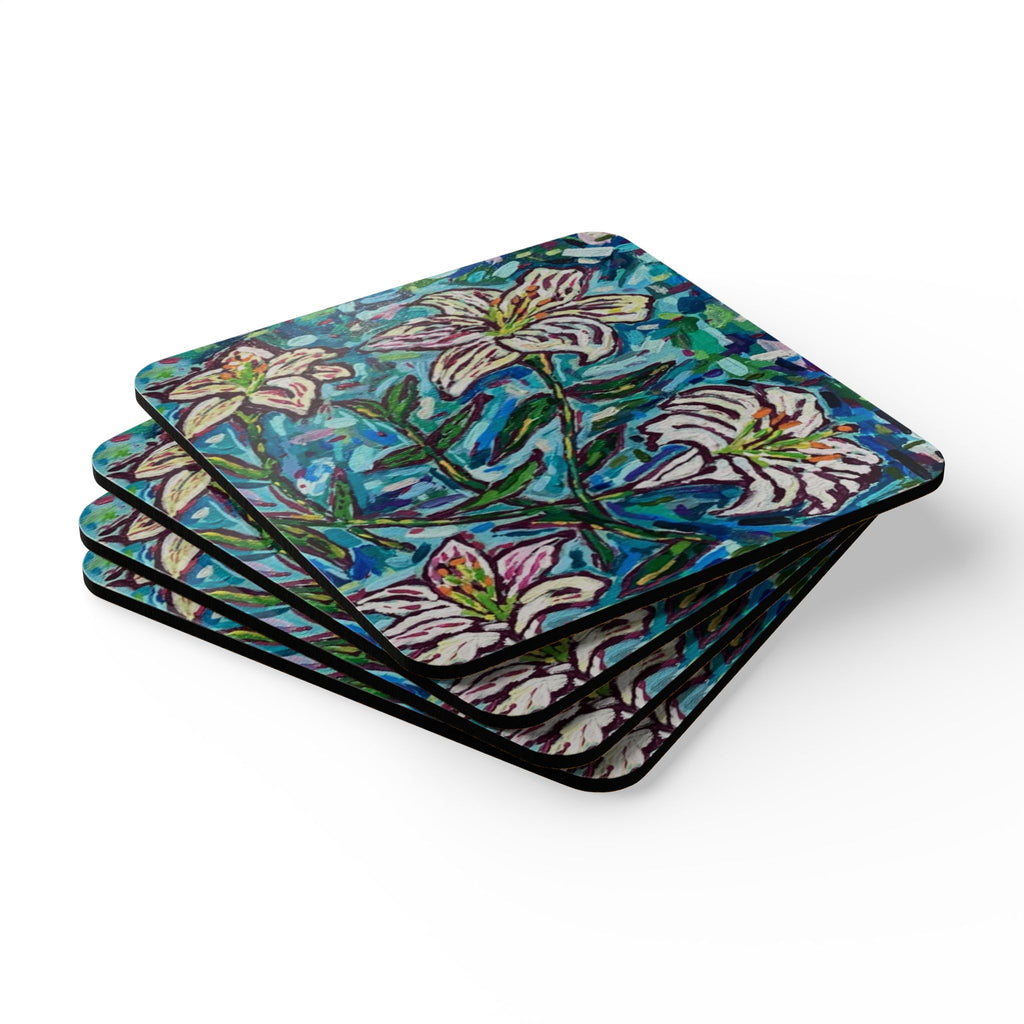 Lily Flower Cork Coaster Set — Hand-Painted Botanical Drink Coasters (4-Pack)