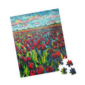MINI Field of Tulips Jigsaw Puzzle — Vibrant Red Tulips Landscape Puzzle (110 pcs)