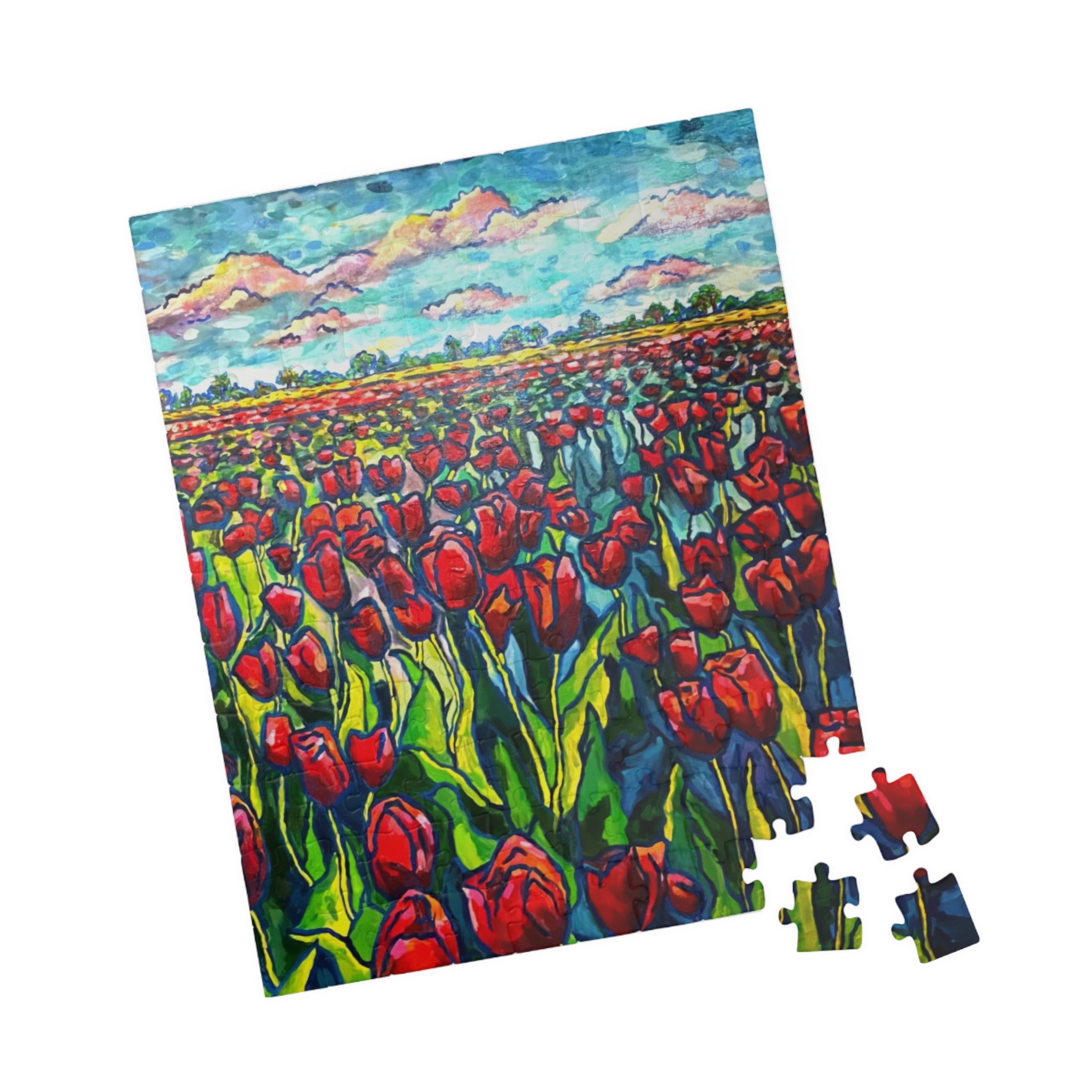 MINI Field of Tulips Jigsaw Puzzle — Vibrant Red Tulips Landscape Puzzle (110 pcs)