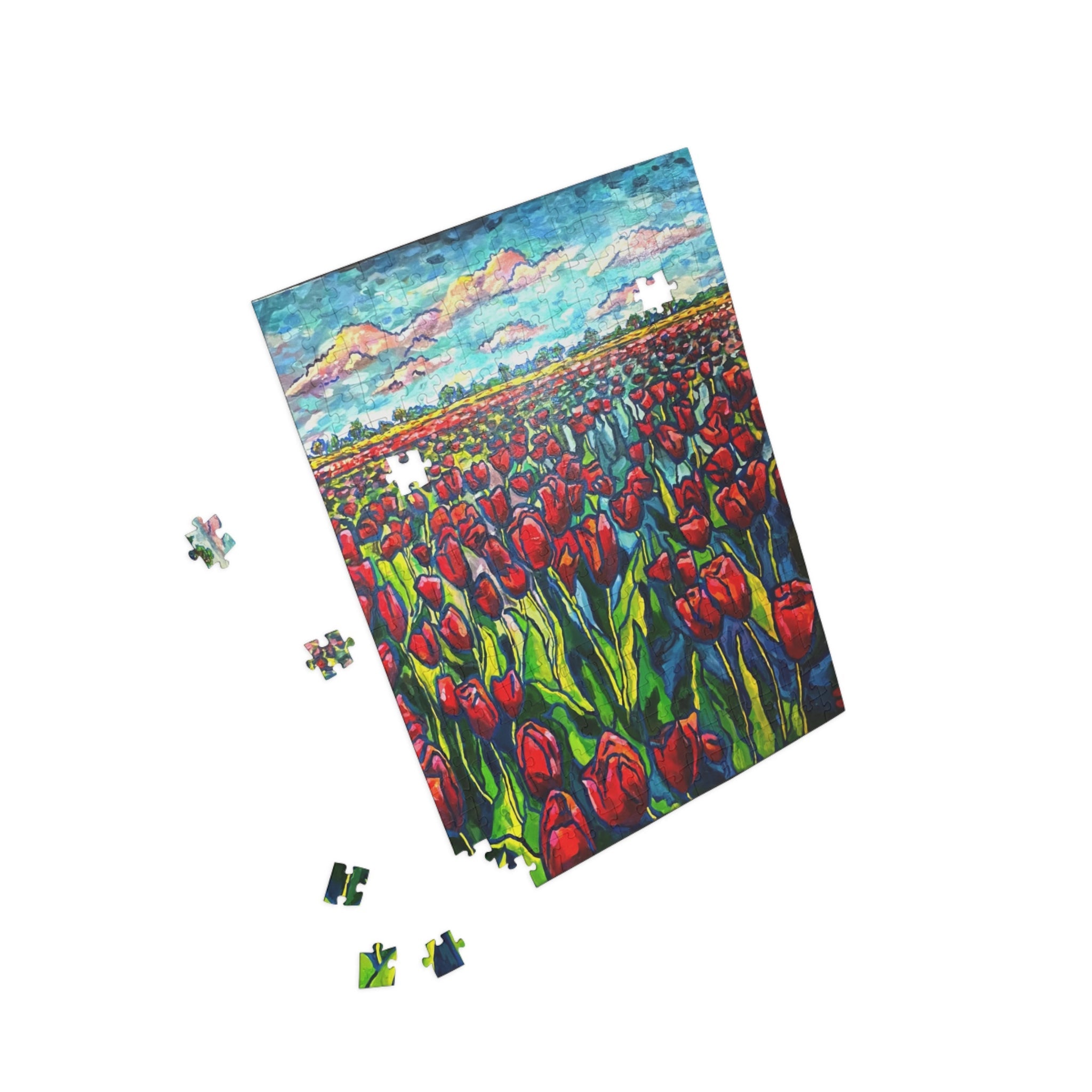 Field of Tulips Jigsaw Puzzle — Vibrant Red Tulips Landscape Puzzle (252 pcs)