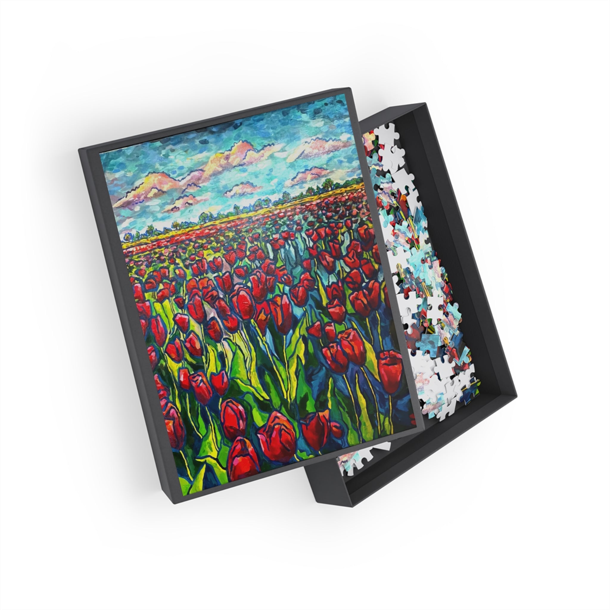 Field of Tulips Jigsaw Puzzle — Vibrant Red Tulips Landscape Puzzle (252 pcs)