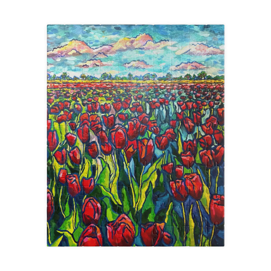 MINI Field of Tulips Jigsaw Puzzle — Vibrant Red Tulips Landscape Puzzle (110 pcs)