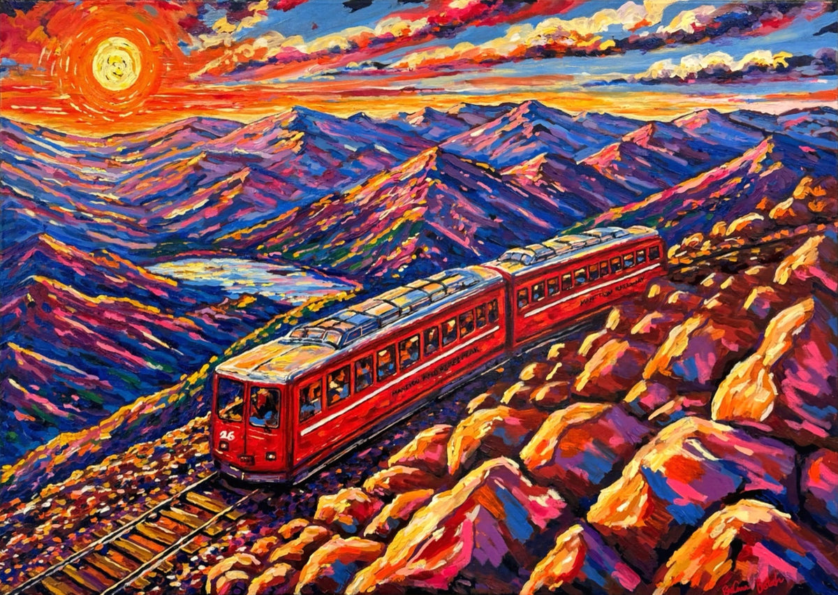 Original oil painting of the red Pikes Peak Cog Railway winding through colorful Colorado mountain ranges at sunset