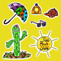 Too Much Sun sticker sheet featuring Clementine the Cactus, sunscreen, umbrella, sunglasses, cap, and sun graphic
