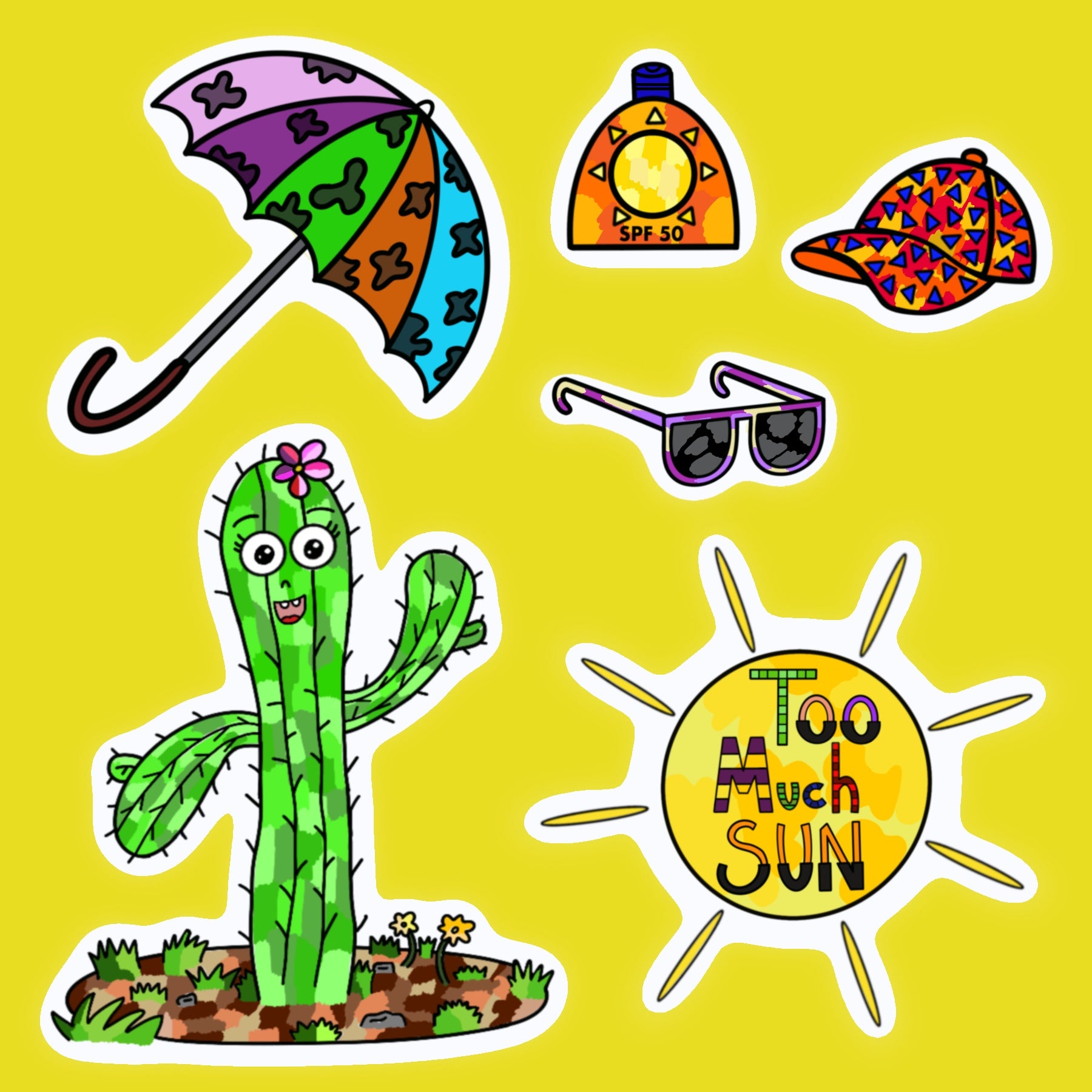 Too Much Sun sticker sheet featuring Clementine the Cactus, sunscreen, umbrella, sunglasses, cap, and sun graphic